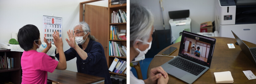 言語聴覚士セッションの様子。オンラインとオフライン両方で対応している（中央：矢崎さん）